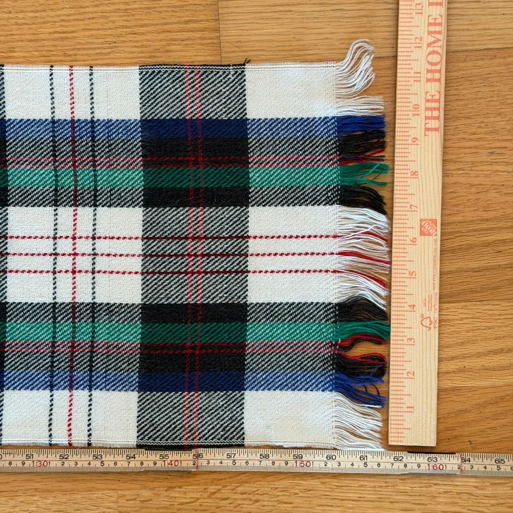 Vtg 90s Plaid Scarf White Green Navy Red Tartan Fringed Winter Wrap Heritage